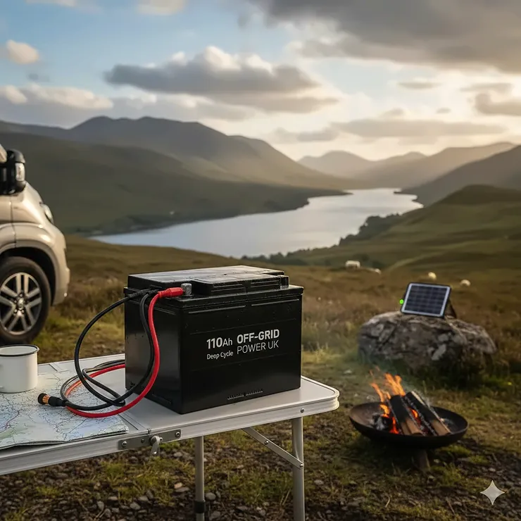 A 110Ah leisure battery powering a campervan during a wild camping trip in the British countryside, showing off-grid power capability. 110ah leisure battery for wild camping