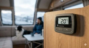 A digital Eberspacher LCD thermostat panel mounted on a caravan wall, displaying 20 degrees Celsius with a snowy British landscape visible through the window.