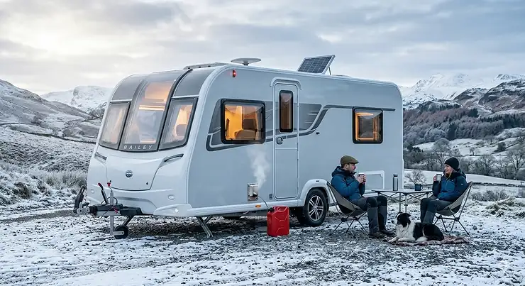 A modern Bailey caravan parked in a snowy Lake District landscape with a 12V diesel heater venting safely, illustrating off-grid winter camping. 12v caravan heater for off-grid winter camping