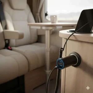 A portable 12V cigarette lighter USB adapter designed for easy use in standard UK caravan accessory sockets.