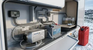 A detailed technical diagram of a 12V caravan diesel heater installation, showing the unit, leisure battery, and fuel lines in a cutaway view.