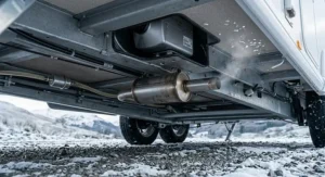 The underside of a caravan chassis showing a stainless steel 12V heater exhaust silencer and pipe venting clear vapour into the cold air.