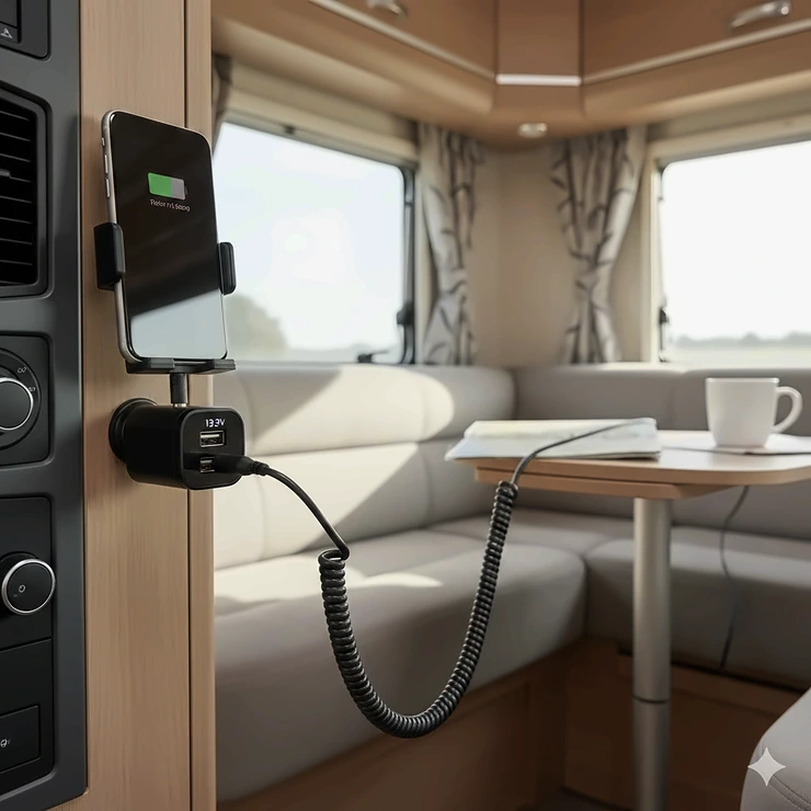A dual 12V to USB adapter plugged into a caravan dashboard socket, charging a smartphone with a coiled cable. 12v to usb adapter for caravan phone charging