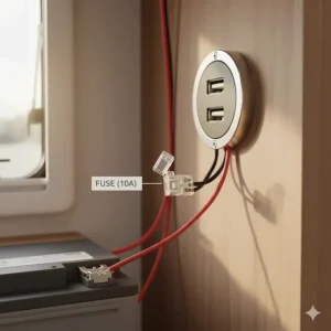 Illustration of an inline fuse used with a 12V USB adapter to protect caravan electronics from power surges.