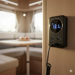 Close-up of a caravan 12V USB adapter with an integrated LED digital voltmeter to monitor battery health.
