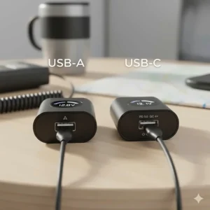 Comparison of USB-A and USB-C ports on a 12V caravan charger for fast-charging mobile devices.