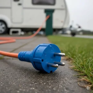 Industrial 16A 3-pin blue male plug used for connecting caravans to UK site pitch power points.