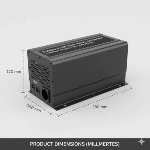 Product dimensions in millimetres highlighting the compact and space-saving design of the 2000W inverter for British campervan conversions.