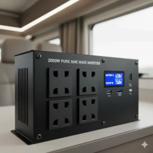 Detailed view of the inverter front panel featuring two 3-pin UK mains sockets and high-speed USB charging ports.