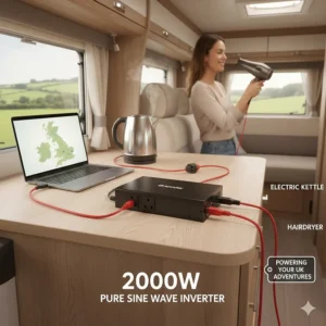 Lifestyle illustration of a 2000W inverter powering a domestic kettle, hairdryer, and laptop inside a modern British caravan.