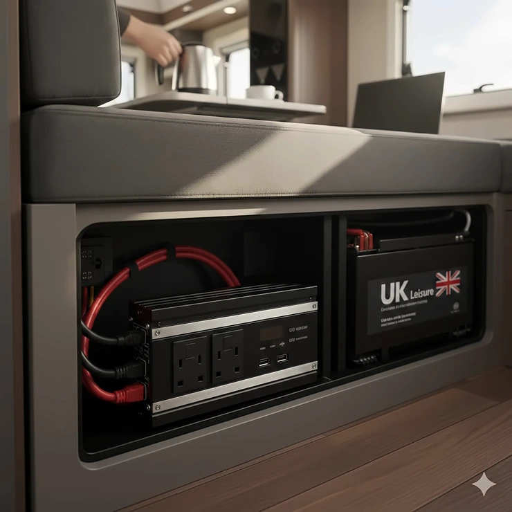 2000W pure sine wave inverter installed in a modern British motorhome storage compartment with high-quality wiring and a UK leisure battery. 2000w pure sine wave inverter for motorhome