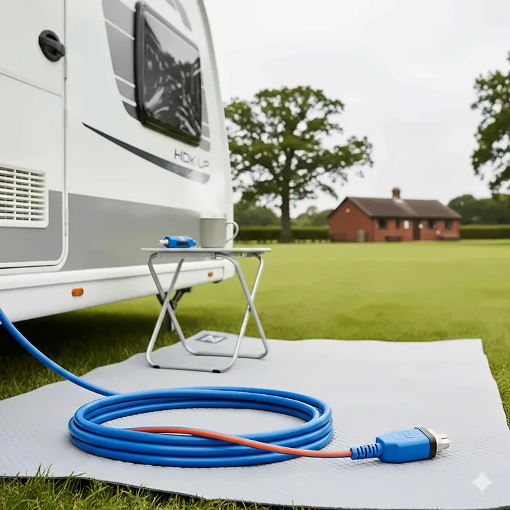 A 25 metre heavy-duty caravan hook up cable with integrated RCD protection and blue 16A site connectors for UK campsites. 25 metre caravan hook up cable with rcd protection