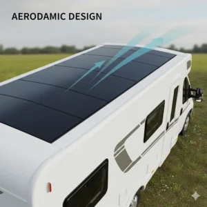 Illustration showing the low-profile design of a flexible solar panel hugging the curve of a motorhome roof to reduce wind resistance.