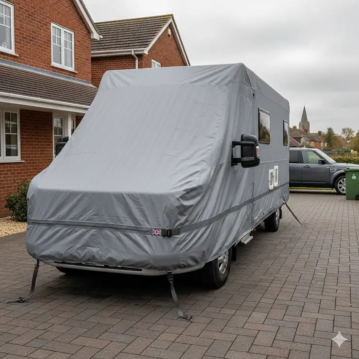 Full-length breathable motorhome cover fitted on a Fiat Ducato based campervan in a UK driveway. breathable motorhome cover for ducato based vans