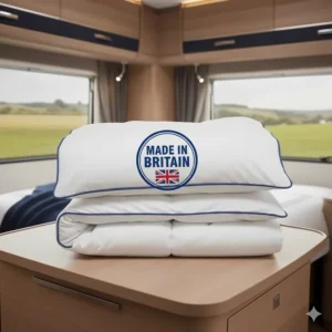 Illustration featuring a Made in Britain logo for high-quality caravan duvets.