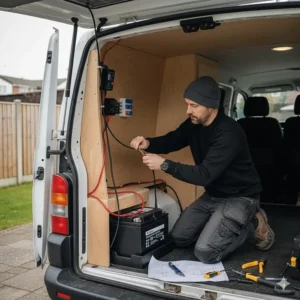 Simple 12V split-charge electrical system and leisure battery setup for a self-build VW campervan.