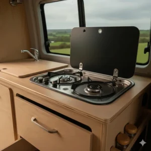 A detailed view of the high-quality fittings of a campervan hob and sink unit, highlighting the sleek tap and gas burner controls.