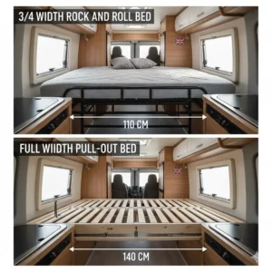 Dimension guide comparing a 3/4 width rock and roll bed with a full-width pull-out bed in a medium-sized van.