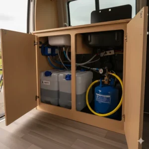 The internal compartment of a campervan kitchen unit showing the gas bottle, regulator, and water containers for the sink and hob system.