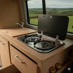Close-up photorealistic view of a sleek two-burner campervan hob and stainless steel sink with a black glass lid raised.
