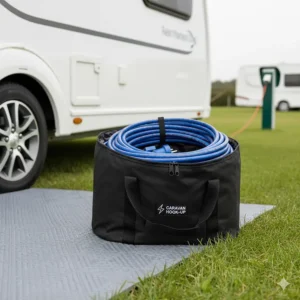 A 25 metre caravan mains lead neatly coiled inside a durable storage bag for easy transport.
