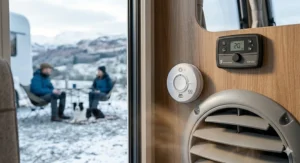 A carbon monoxide detector installed on a caravan’s wood veneer wall near a heating vent, ensuring safety during off-grid winter camping.