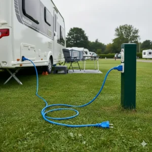 A blue 25m hook up cable connecting a touring caravan to a standard UK campsite electric pitch.