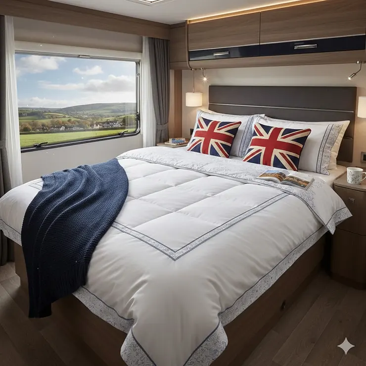 Luxury caravan duvet for short length beds shown in a modern UK touring caravan interior. caravan duvet for short length beds