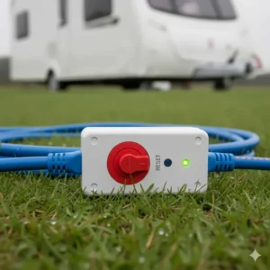 Close-up of an inline RCD safety power breaker on a 25m caravan lead to prevent electric shocks.