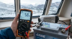 A digital multimeter showing a low 5.8A draw on an Exide leisure battery from a 12V caravan heater during a cold winter day.