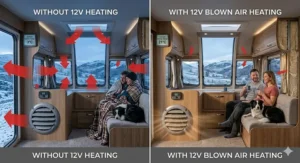 A split-screen infographic comparing a cold caravan without heating at 3 degrees Celsius to a warm interior with 12V blown air heating at 21 degrees Celsius.