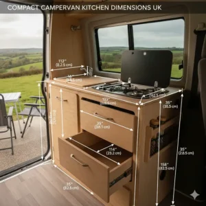 A photorealistic campervan kitchen unit with superimposed dimension lines and measurements in cm, showing the compact scale for UK van conversions.