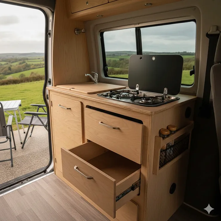 A photorealistic featured image of a compact campervan kitchen unit with a built-in sink and gas hob, installed in a van overlooking the British countryside. compact campervan kitchen unit with sink and hob