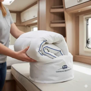 A short length caravan duvet being folded into a compact storage bag for lockers.