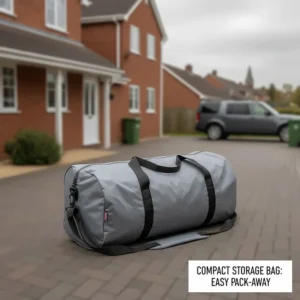A breathable motorhome cover for Ducato based vans folded into its compact carry bag.