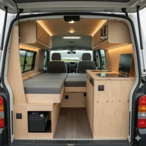 Rear view of a completed VW Transporter campervan conversion showing the functional layout of a budget DIY kit.