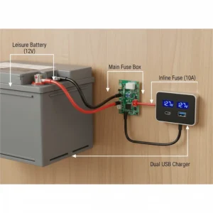 Technical diagram showing how to wire a 12V USB charging socket to a UK caravan leisure battery system.