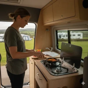A woman cooking a meal on a compact campervan kitchen unit hob at a UK campsite with motorhomes and green fields in the background.