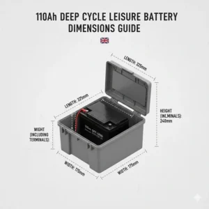 Technical drawing showing the physical dimensions of a 110Ah leisure battery to ensure fitment in standard UK battery boxes.