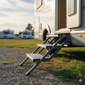 An electric retractable wide-entry step extending from a motorhome side door.