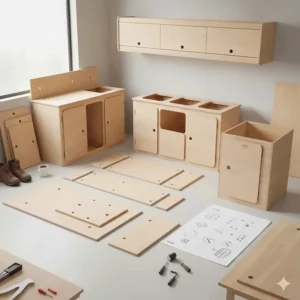 Flat-pack CNC-cut campervan furniture kit for a VW Transporter, showing easy-to-assemble plywood panels for DIY builders.