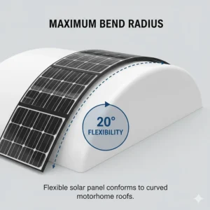 Technical diagram showing the maximum bend radius of a flexible solar panel for fitting onto curved campervan roof sections.