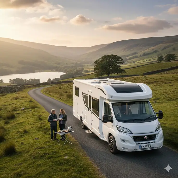 A sleek motorhome parked in the British countryside featuring a thin, flexible solar panel seamlessly fitted to the curved roof. flexible solar panel for curved motorhome roof