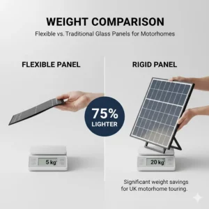 A comparison chart showing the significant weight savings of flexible solar panels versus traditional glass rigid panels for UK motorhomes.