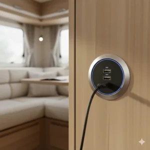 A sleek, flush-mount 12V USB port installed into the wooden cabinetry of a modern British caravan.