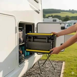A compact, folding wide-entry step being stored easily in a motorhome exterior locker.