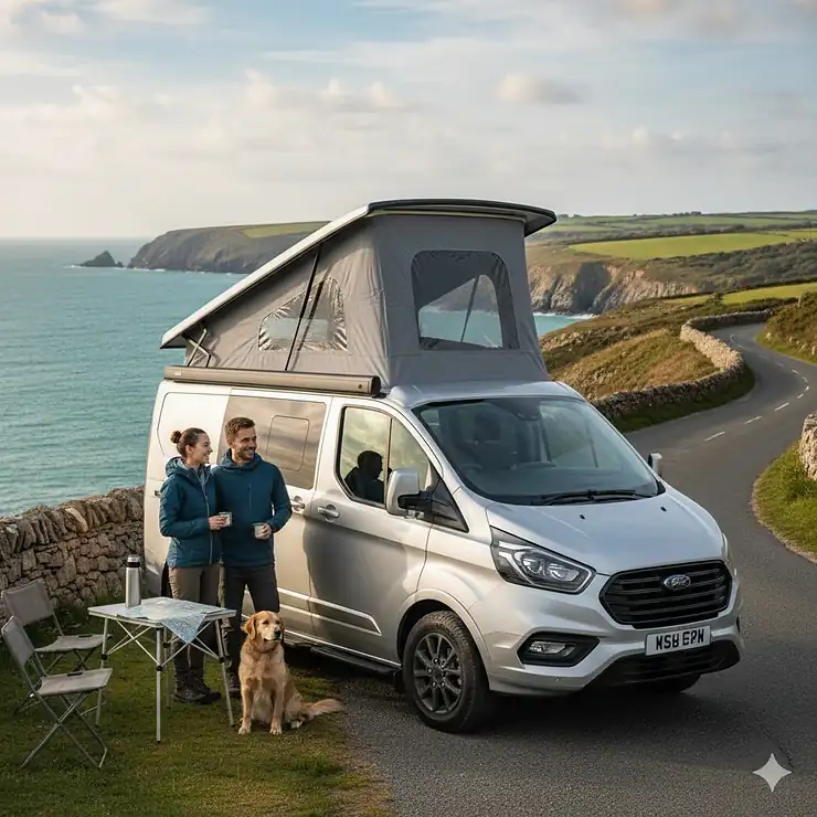 Silver Ford Transit Custom SWB with an elevating pop top roof fully extended, parked on a coastal cliffside in Cornwall. elevating pop top roof for swb transit custom
