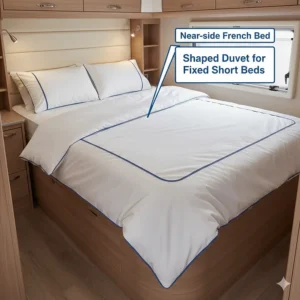 Illustration of a shaped caravan duvet fitting a near-side fixed short bed.