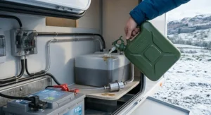 A person refilling a caravan’s internal diesel tank from a green jerry can, highlighting fuel efficiency for off-grid winter touring.