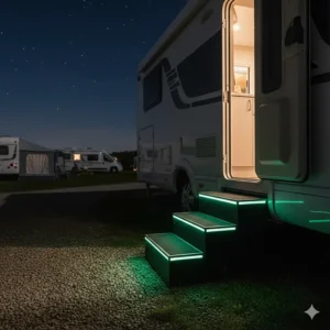 Wide motorhome steps with luminescent edge strips to prevent trips and falls during night-time use.